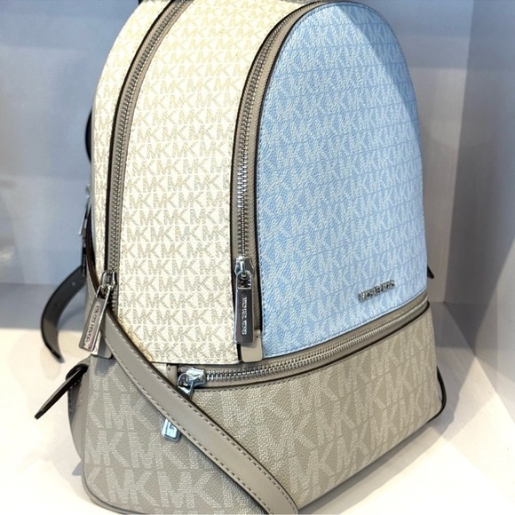 Michael Kors Rhea Medium Color-Block Signature Logo Backpack Light Sky Multi - Picture 5 of 9